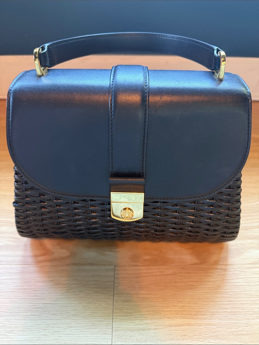 Veronica Beard black rattan and leather top handle w/ removable crossbody bag